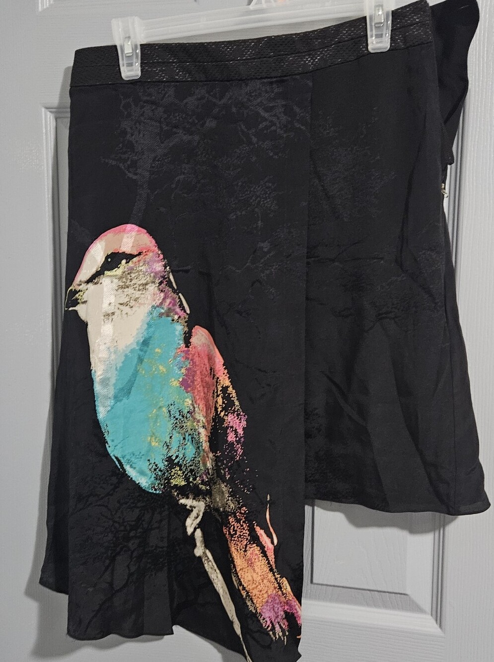 Anthropologie Black Skirt With Vibrant Bird Print Half Wrap